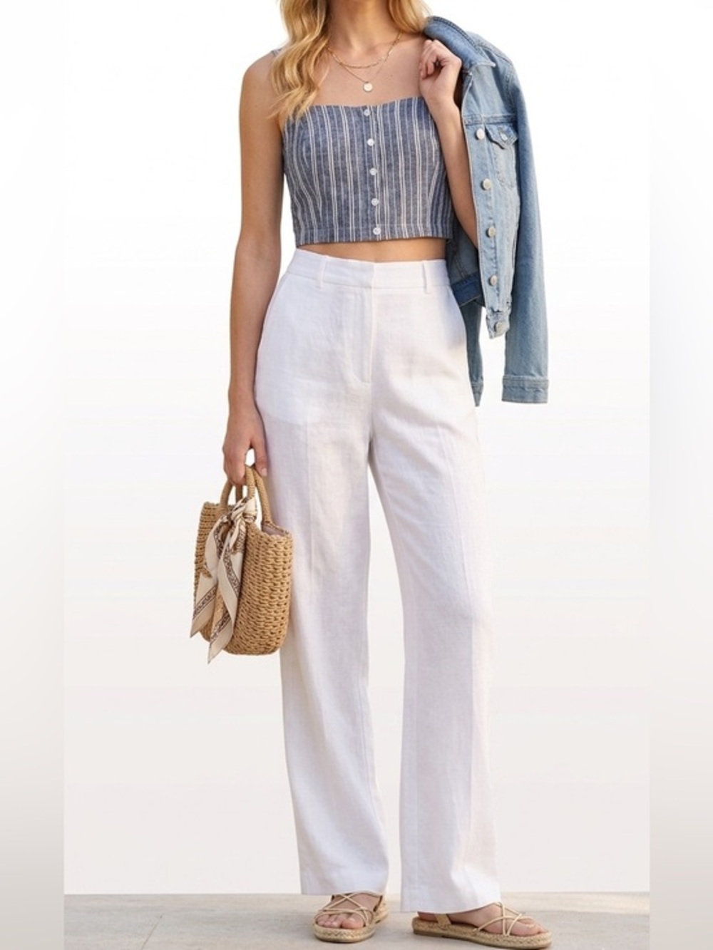 Linen & Cotton Nautical Blue & White  Striped Crop Top Size Small